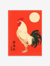 Japanese rooster wall art print on a vibrant red background with a white rooster, black tail, and cream sun.