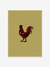 Vibrant red rooster illustration on a textured golden background, a bold farm animal wall art print.
