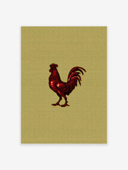Vibrant red rooster illustration on a textured golden background, a bold farm animal wall art print.