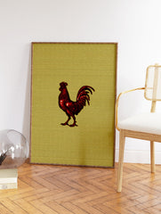 Vibrant red rooster illustration on a textured golden background, a bold farm animal wall art print. - Image 2