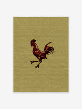 Vintage style illustration of a reddish-brown rooster running on a textured golden yellow background, animal art print.