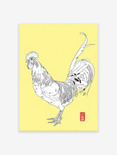 Detailed black and white rooster illustration art print on a vibrant yellow background.