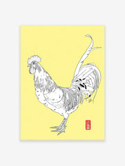 Detailed black and white rooster illustration art print on a vibrant yellow background.
