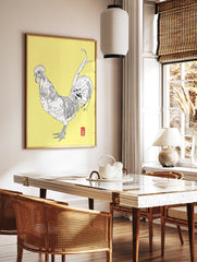 Detailed black and white rooster illustration art print on a vibrant yellow background. - Image 3