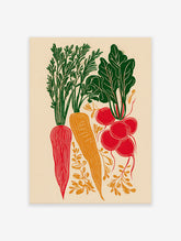 Root vegetable poster featuring red and orange carrots and radishes with green leaves in a block print style on a cream background.