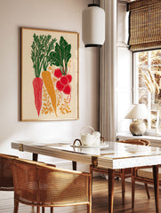 Root vegetable poster featuring red and orange carrots and radishes with green leaves in a block print style on a cream background. - Image 2