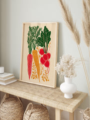 Root vegetable poster featuring red and orange carrots and radishes with green leaves in a block print style on a cream background. - Image 4