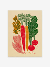 Root vegetable poster with red carrots, orange carrot, green leaves, and red radishes on a cream background.