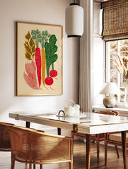 Root vegetable poster with red carrots, orange carrot, green leaves, and red radishes on a cream background. - Image 2