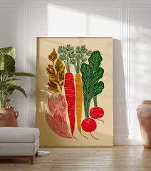 Root vegetable poster with red carrots, orange carrot, green leaves, and red radishes on a cream background. - Image 3