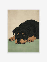 Rottweiler dog illustration art print with black and brown fur resting on a green surface, beige background.