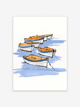 Sketch-style rowing boat illustration with blue water and tan boats on a white background
