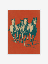 Running Horse Poster featuring four galloping horses in a vintage illustration style with red-orange and teal colors.