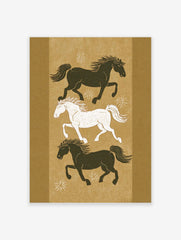Three stylised running horses, two dark and one white, on an earthy golden-brown background with white star motifs