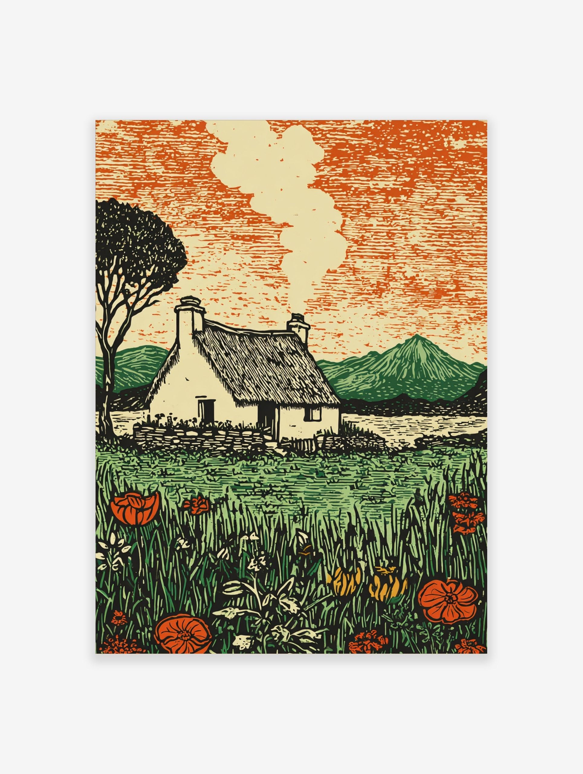 Illustrative print of a rural cottage with thatched roof, smoke, lake, mountains, and wildflower meadow