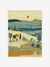 Rural harvest landscape print with farm workers, houses, bare trees, blue water, and orange sun in folk art style