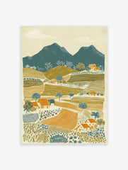 Illustrative rural landscape print with teal mountains, olive green hills, orange fields, and small farmhouses