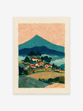 Rural landscape wall art depicting a mountain village with red-roofed houses, green trees, and an orange, swirling sky.
