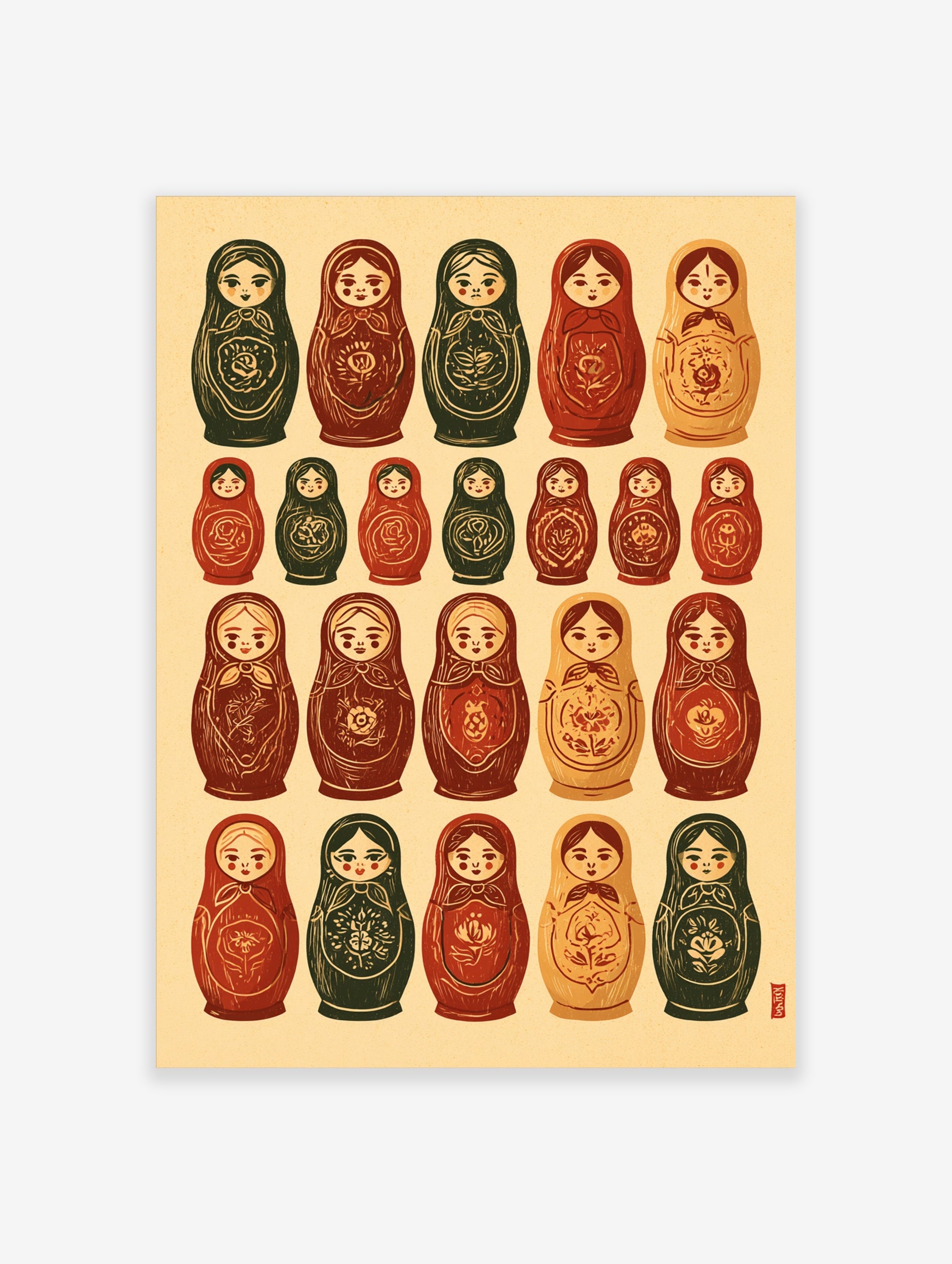 Grid of illustrated Russian nesting dolls with floral patterns in earthy red and green tones on a tan background