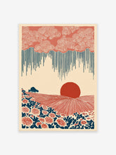Modern folk landscape wall art print with rust red sun, indigo rain, stylized flowers, and fields on a cream background.
