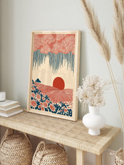 Modern folk landscape wall art print with rust red sun, indigo rain, stylized flowers, and fields on a cream background. - Image 3