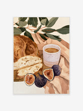 Watercolor illustration of rustic bread, fresh figs, and coffee with green eucalyptus leaves on a draped beige fabric