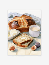Watercolor illustration of bread, figs, and coffee on a blue fabric background, kitchen wall art print