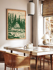 Rustic cabin wall art print showing a vintage illustration of a cabin by a forest lake with pine trees and mountains. - Image 3