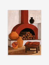 Stylised illustration of a red fireplace hearth with logs, ceramic pots, and a stool on a neutral background