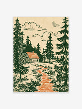 Rustic log cabin with orange roof in a dense dark green pine forest, with an orange path and beige sky