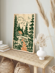 Rustic log cabin with orange roof in a dense dark green pine forest, with an orange path and, in an alternate framed mockup