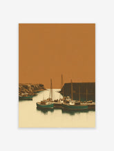 Illustrative print of fishing boats in a rustic harbour, flanked by rocky cliffs under an orange sky