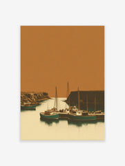 Illustrative print of fishing boats in a rustic harbour, flanked by rocky cliffs under an orange sky