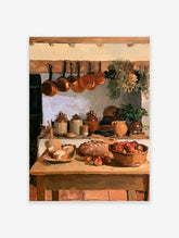 Rustic kitchen still life painting with copper pots, bread, and apples on a wooden table