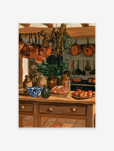 Rustic kitchen painting with copper pots, dried herbs, bread, and apples on a wooden counter