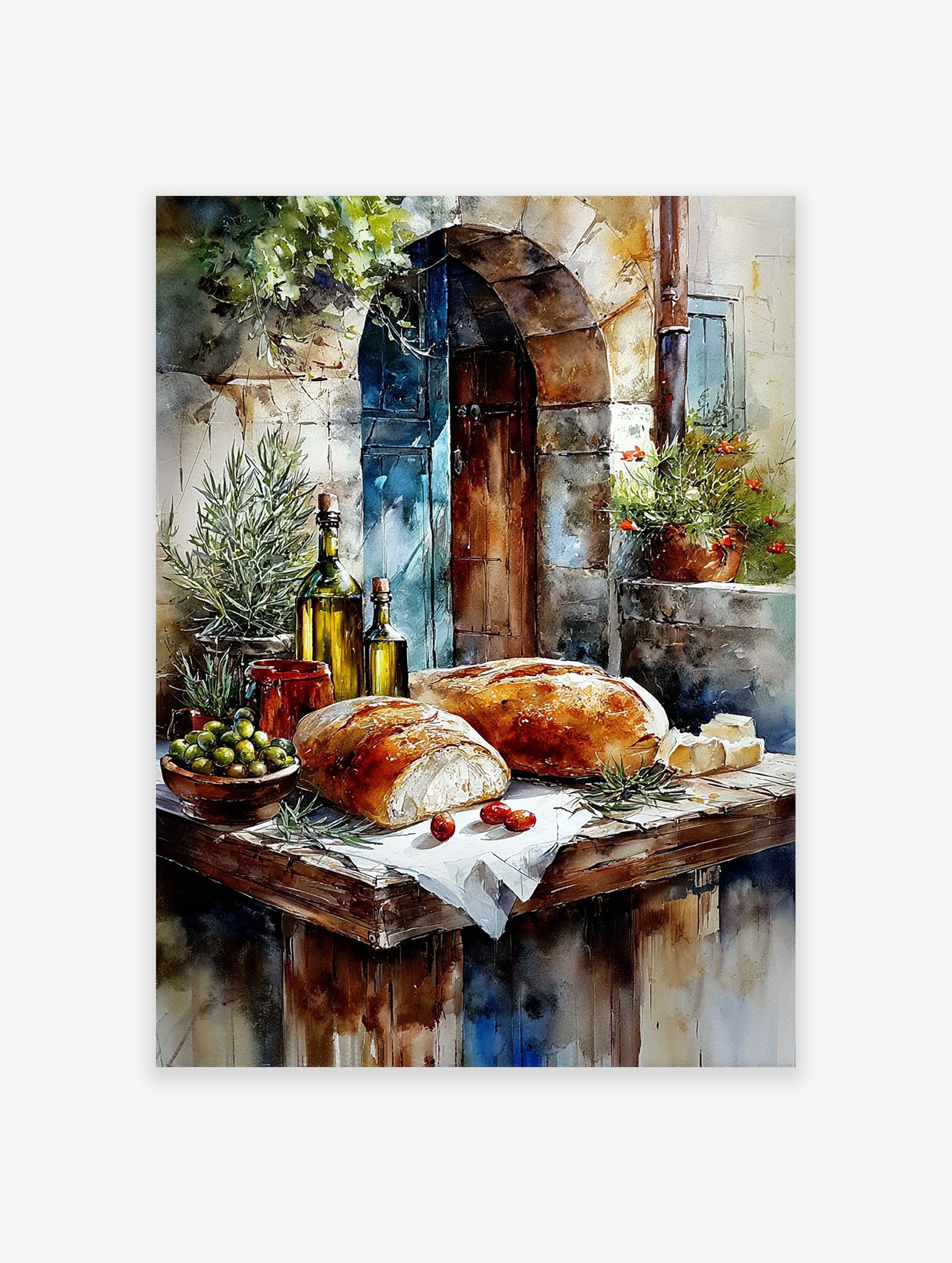 Rustic Mediterranean food poster with fresh bread, olives, olive oil bottles, and herbs against an old stone wall.