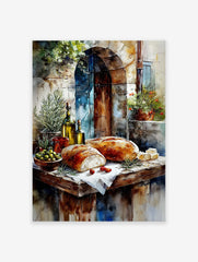 Rustic Mediterranean food poster with fresh bread, olives, olive oil bottles, and herbs against an old stone wall.