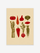 Rustic vegetable poster featuring illustrations of tomatoes, carrots, peppers, asparagus, cabbage, onion, and beet in red and green.