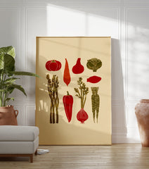 Rustic vegetable poster featuring illustrations of tomatoes, carrots, peppers, asparagus, cabbage, onion, and beet in red and green. - Image 3
