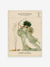 Sagittarius archer watercolour poster with green robed figure drawing a bow and zodiac text