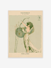 Sagittarius zodiac poster with curly-haired archer drawing a bow, green and beige tones, tall grass and circular motifs