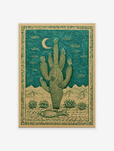 Saguaro cactus desert poster with a crescent moon, mountains, desert plants, and a fish on the ground, in green and beige.