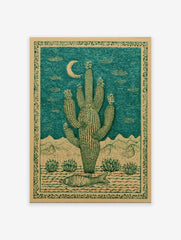 Saguaro cactus desert poster with a crescent moon, mountains, desert plants, and a fish on the ground, in green and beige.