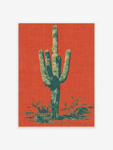 Saguaro cactus art print in orange-red and teal halftone style, with desert foliage at the base