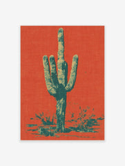 Saguaro cactus art print in orange-red and teal halftone style, with desert foliage at the base
