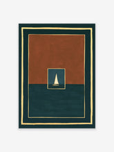 Minimalist art print of a white sailboat on dark water within a rust and teal geometric frame