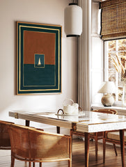 Minimalist art print of a white sailboat on dark water within a rust and teal geometric frame, in a styled room mockup
