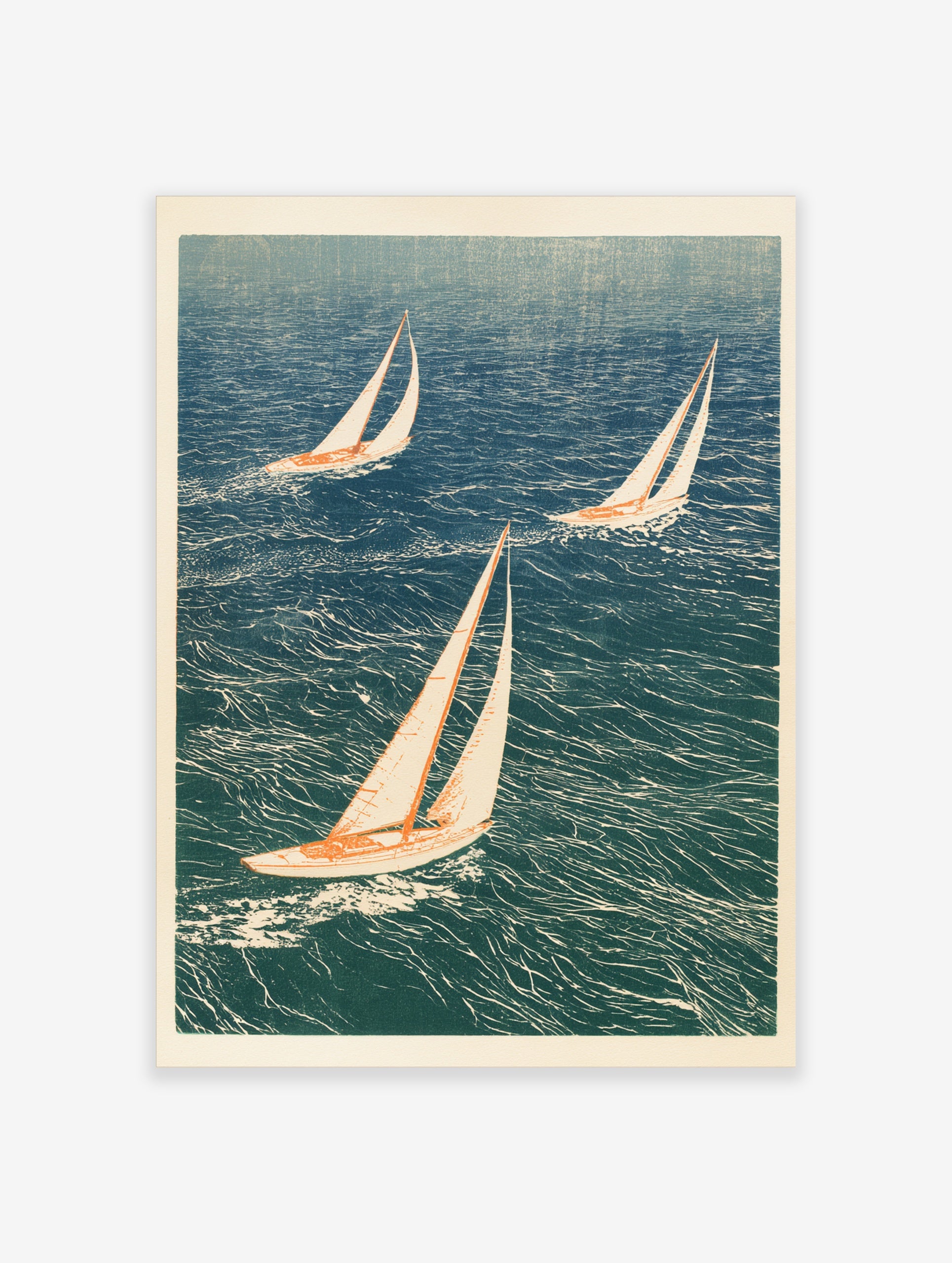 Illustrative art print of three sailboats sailing on choppy blue ocean water