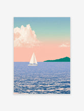 Illustration of a sailboat on blue water with a distant green headland under a soft pink pastel sky
