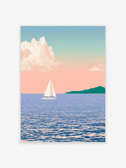 Illustration of a sailboat on blue water with a distant green headland under a soft pink pastel sky